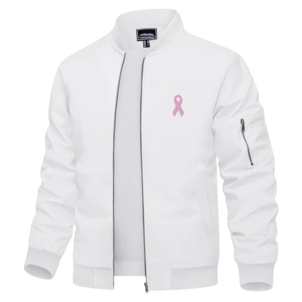 Men's Cancer Logo Embroidered Lightweight Bomber Jacket -White